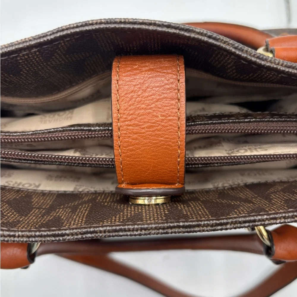 Michael Kors Hamilton Large Brown MK Logo Tote Bag Gold Chain Leather Trim‎ Bag